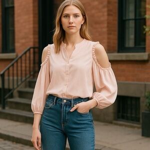 7 For All Mankind Long Sleeve Open‎ Shoulder Pink Button Down Shirt